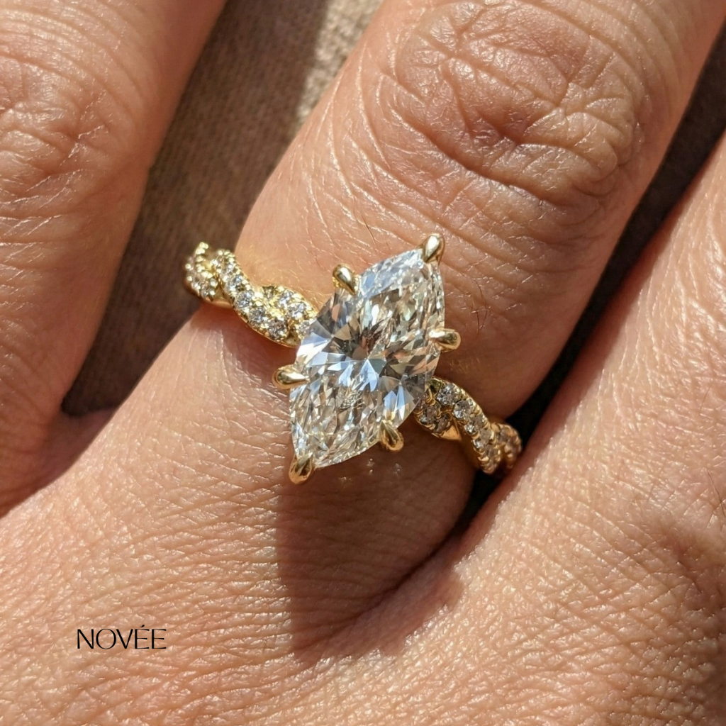 Marquise Diamond Engagement Ring in 18K Yellow Gold Twisted Pavé Band Luxury Ring