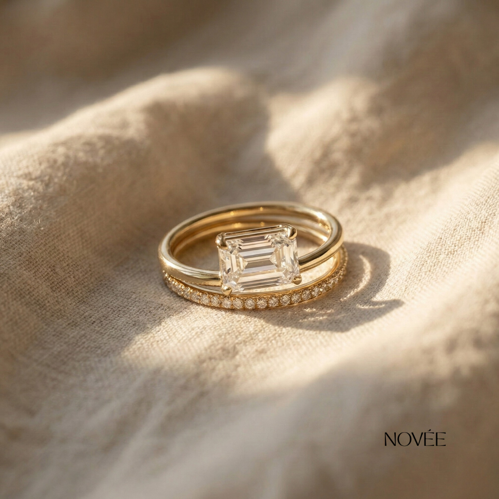 Emerald Cut Diamond Wrap Ring in 18K Yellow Gold Double Band Pavé Modern Statement Ring