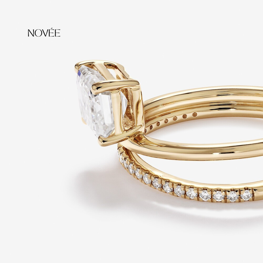 Emerald Cut Diamond Wrap Ring in 18K Yellow Gold Double Band Pavé Modern Statement Ring