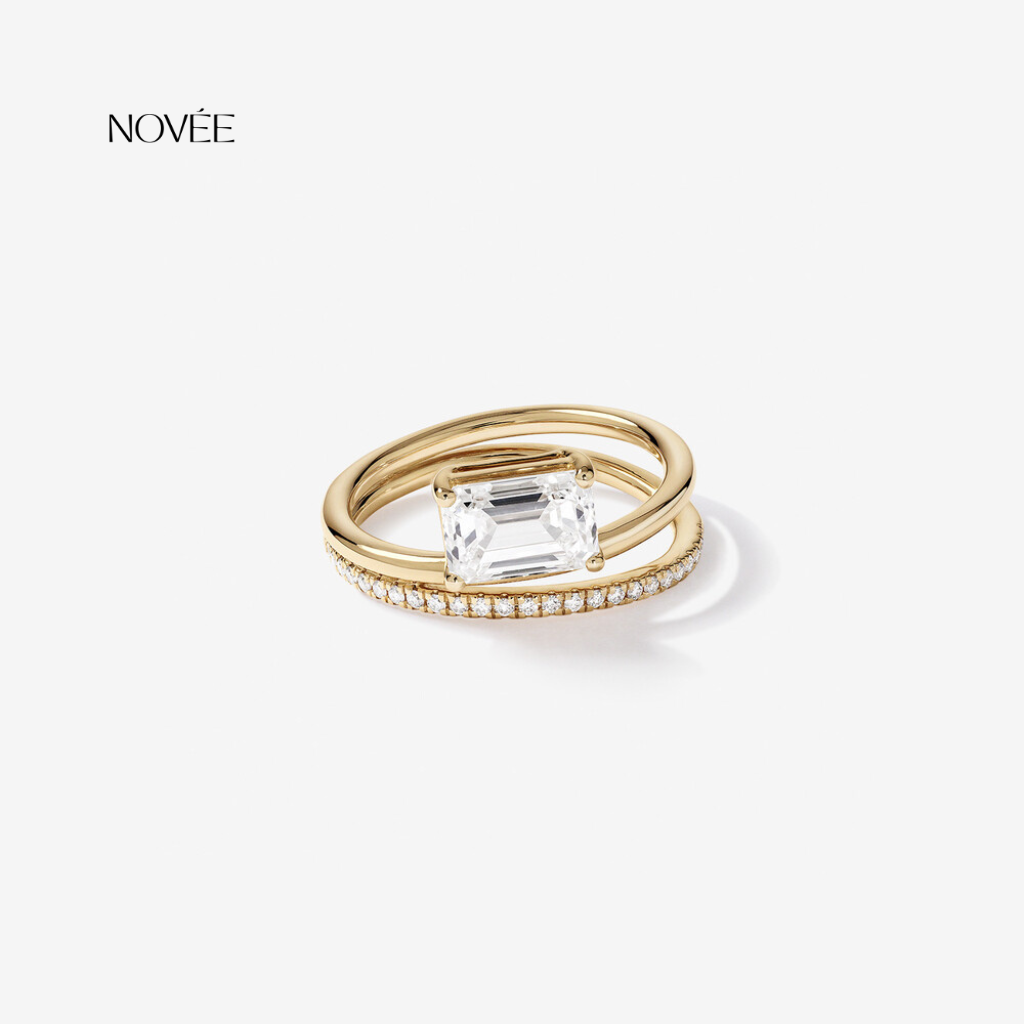 Emerald Cut Diamond Wrap Ring in 18K Yellow Gold Double Band Pavé Modern Statement Ring