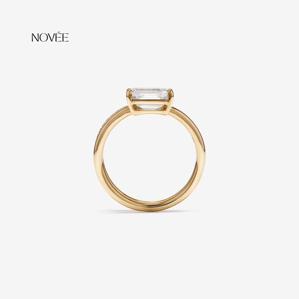 Emerald Cut Diamond Wrap Ring in 18K Yellow Gold Double Band Pavé Modern Statement Ring