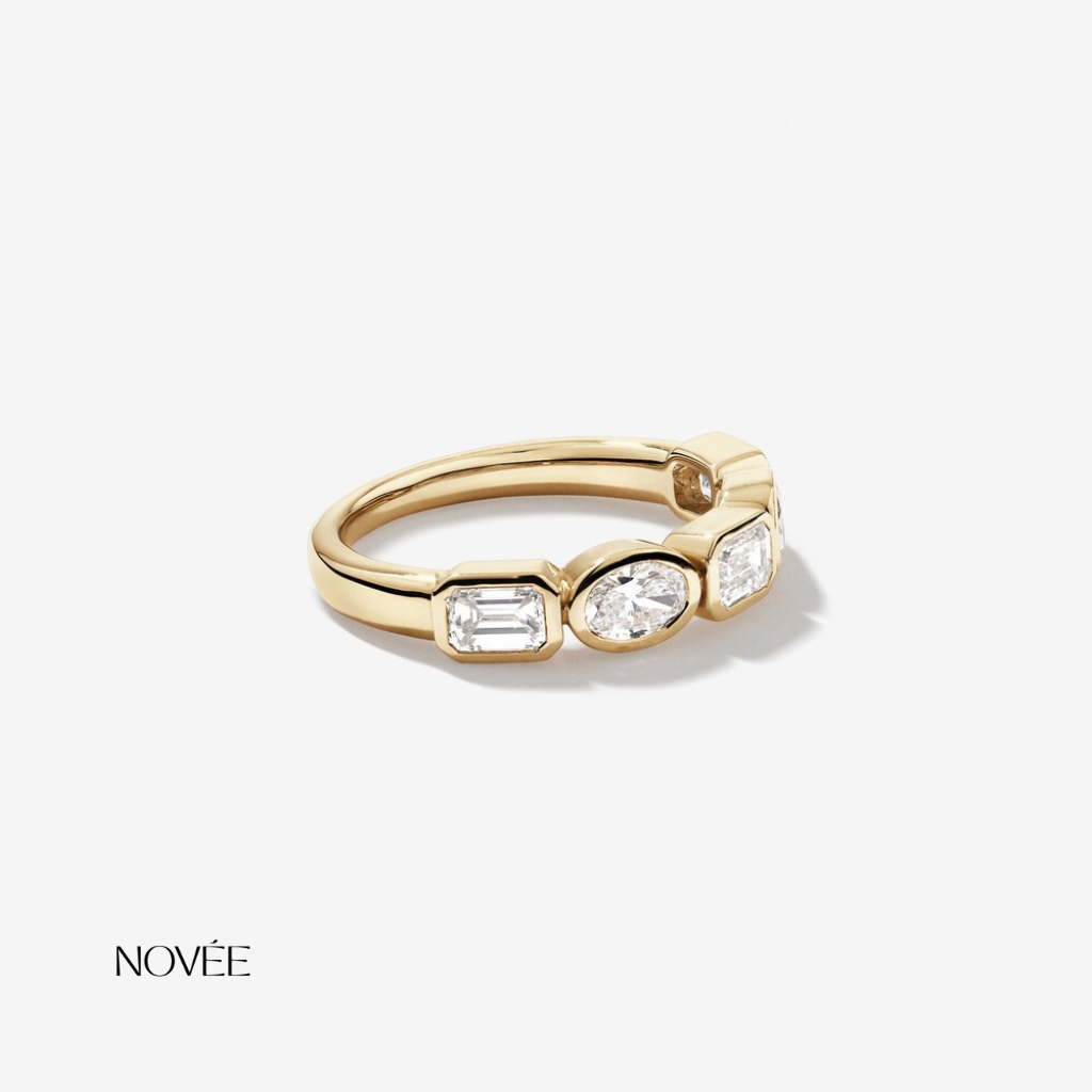 Bezel Set Diamond Band Ring in 18K Yellow Gold Mixed Shape Emerald & Round Diamond Ring