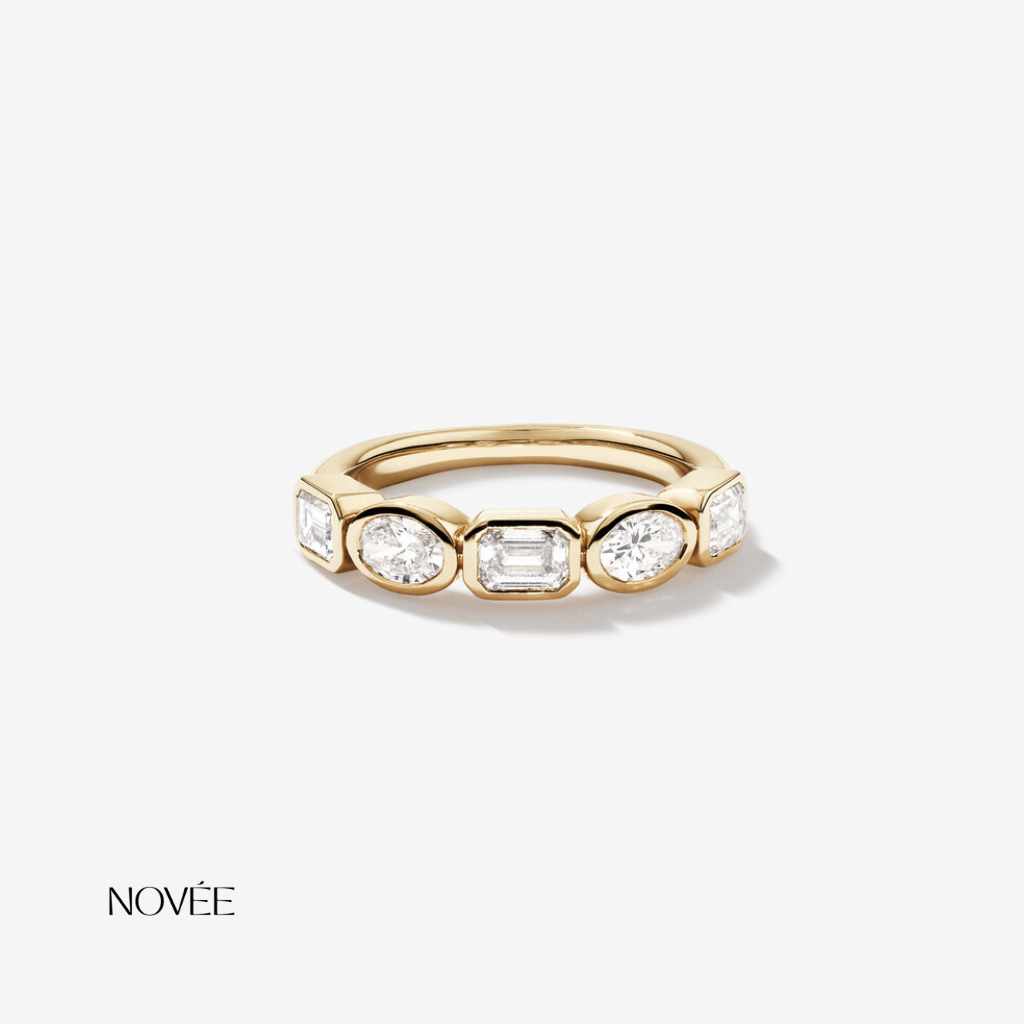 Bezel Set Diamond Band Ring in 18K Yellow Gold Mixed Shape Emerald & Round Diamond Ring