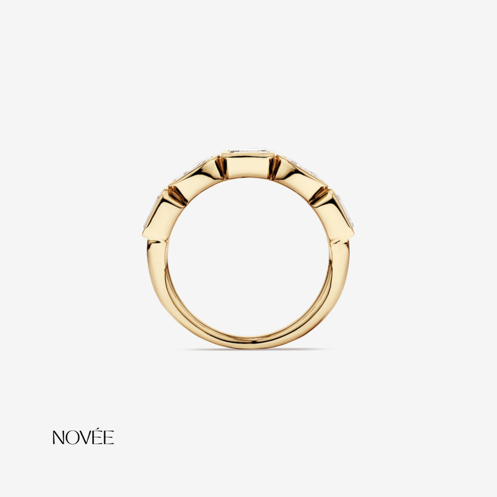 Bezel Set Diamond Band Ring in 18K Yellow Gold Mixed Shape Emerald & Round Diamond Ring