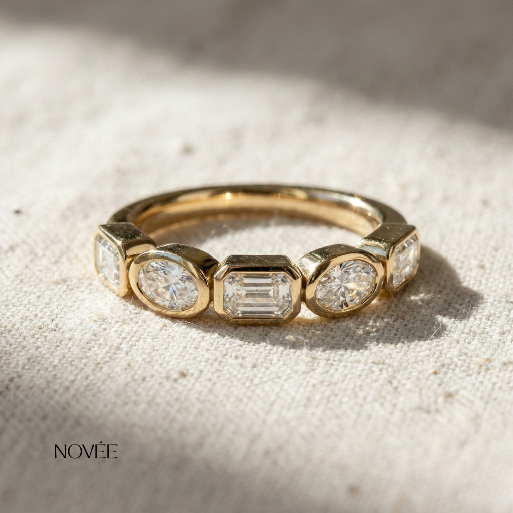 Bezel Set Diamond Band Ring in 18K Yellow Gold Mixed Shape Emerald & Round Diamond Ring