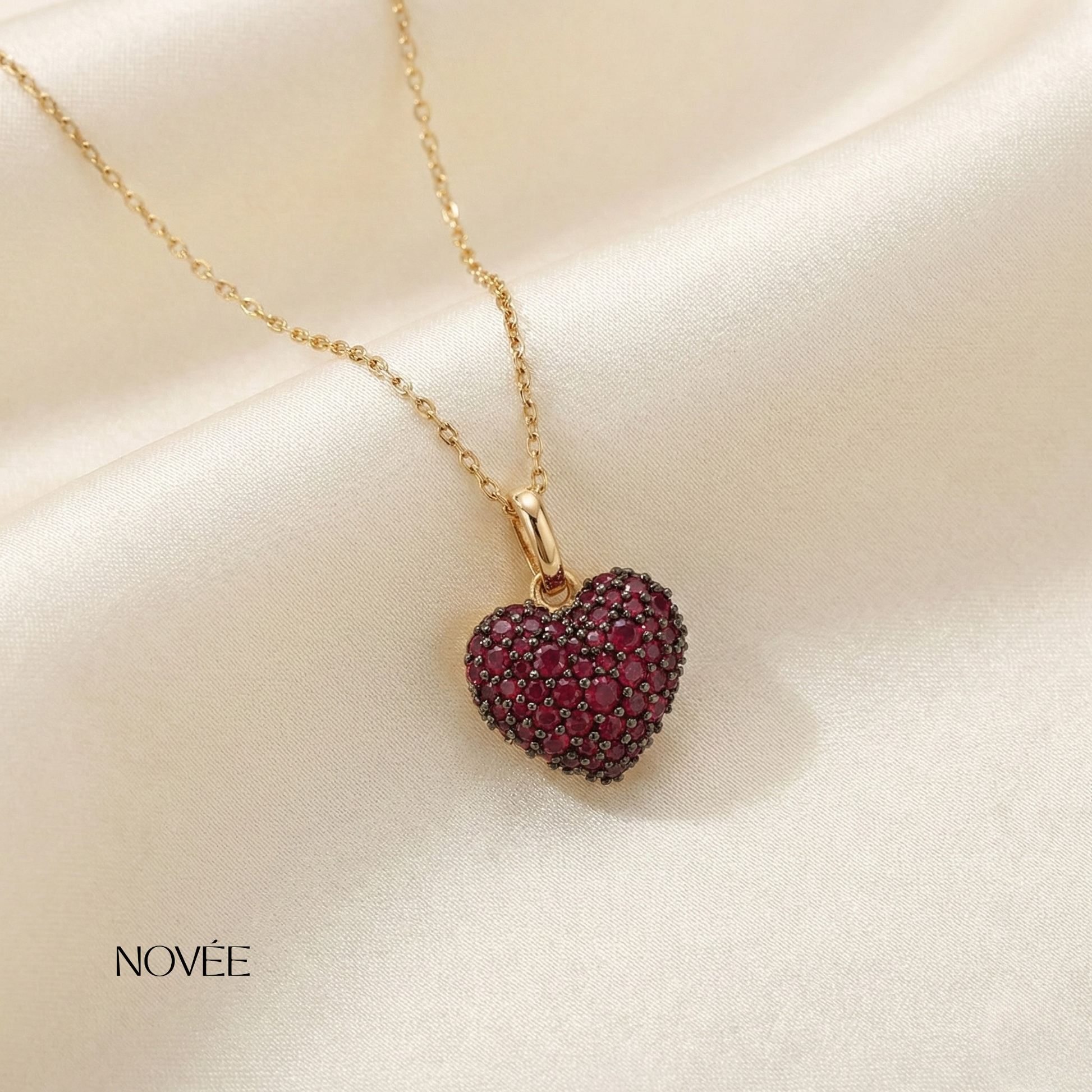 Ruby Pavé Heart Pendant Necklace Minimal Romantic Love Charm