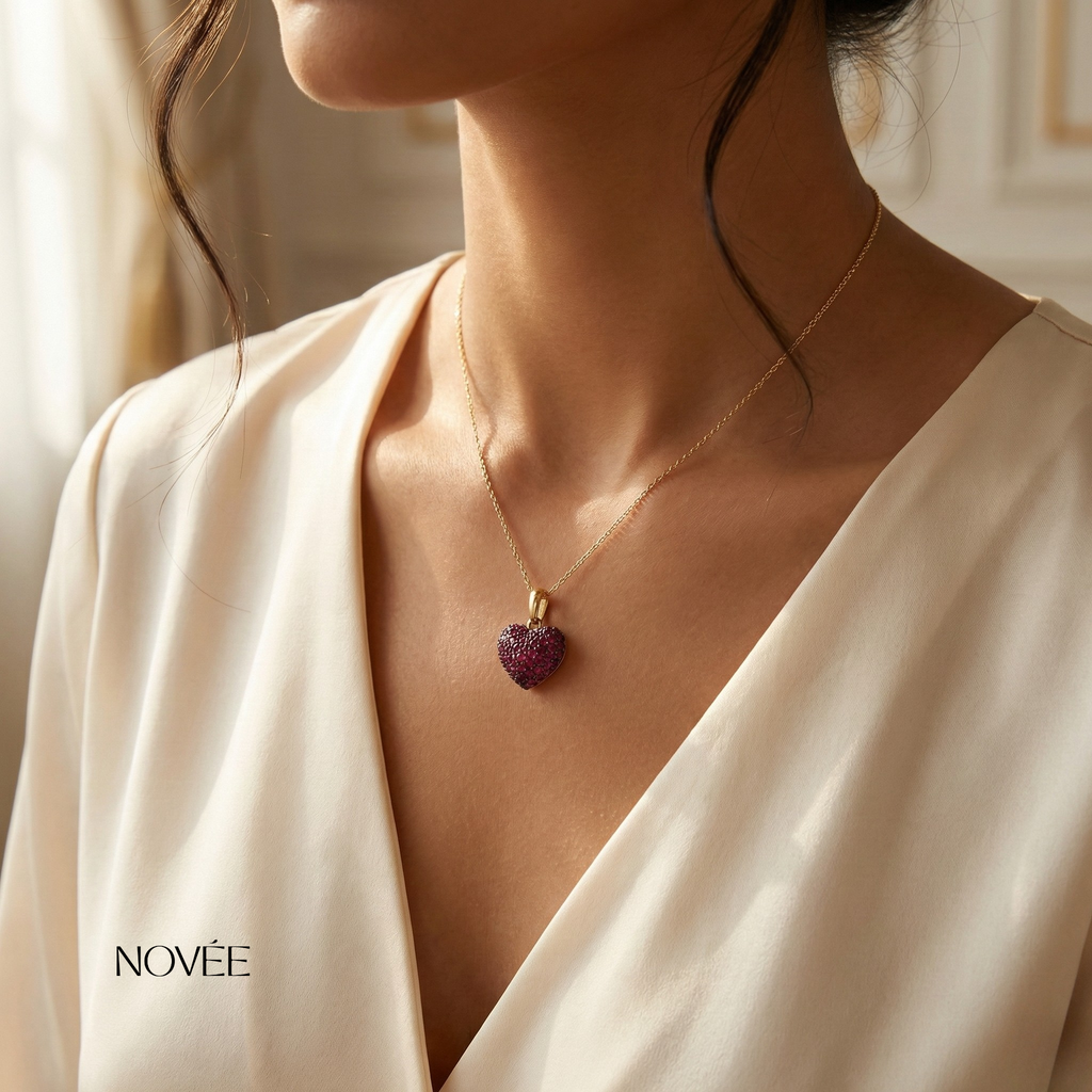 Ruby Pavé Heart Pendant Necklace Minimal Romantic Love Charm