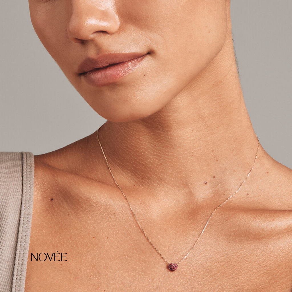 Pink Heart Gemstone Necklace in Gold Minimal Dainty Heart Pendant Chain Necklace