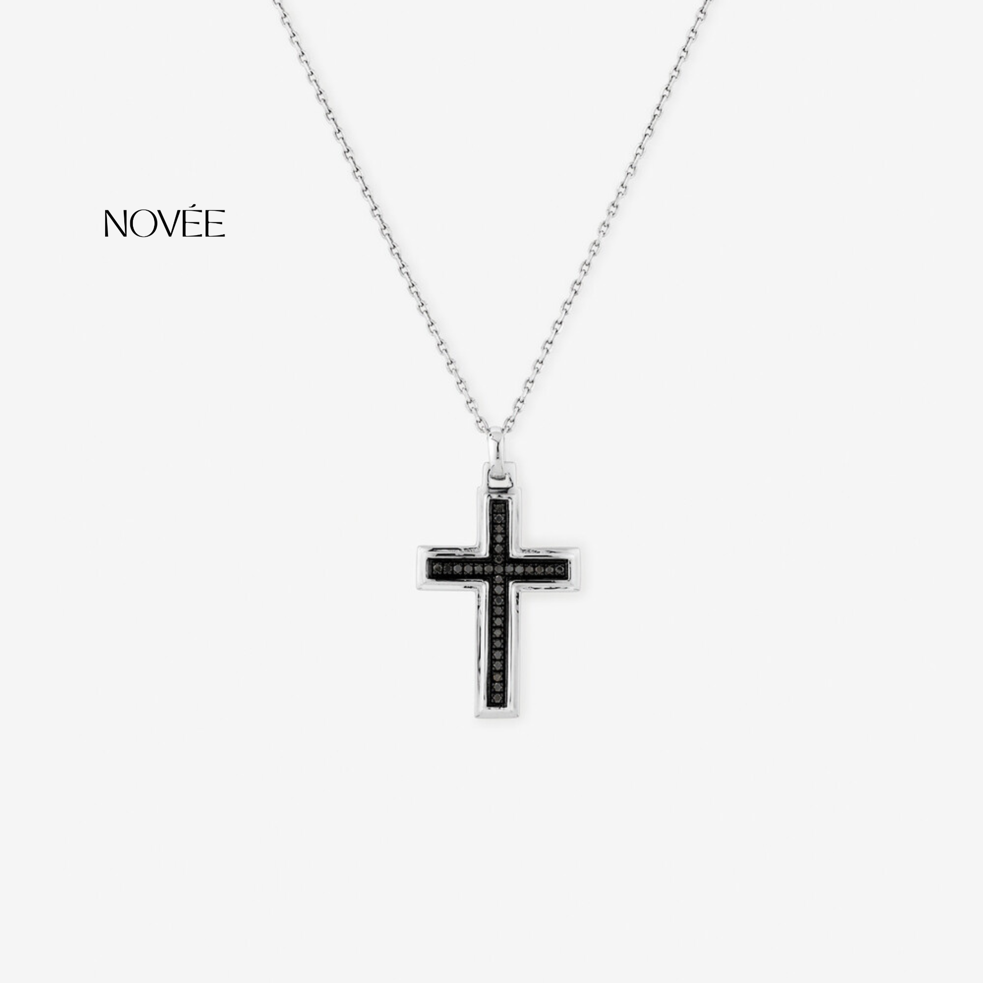 Black Diamond Cross Pendant Necklace in White Gold Minimal Unisex Faith Necklace