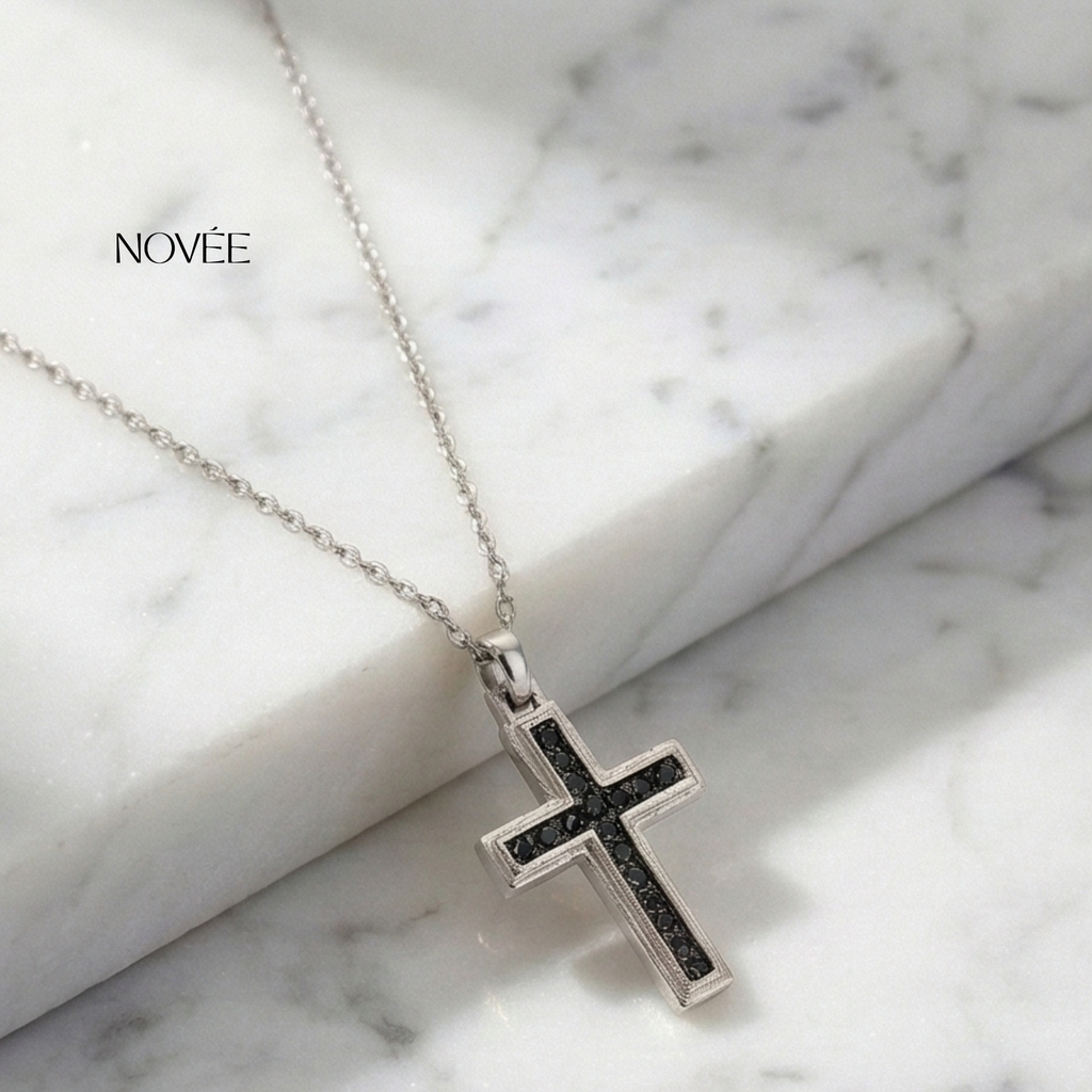 Black Diamond Cross Pendant Necklace in White Gold Minimal Unisex Faith Necklace