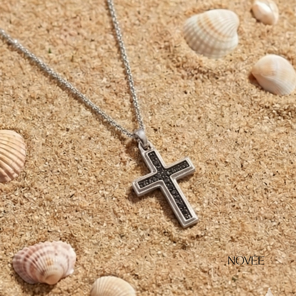 Black Diamond Cross Pendant Necklace in White Gold Minimal Unisex Faith Necklace