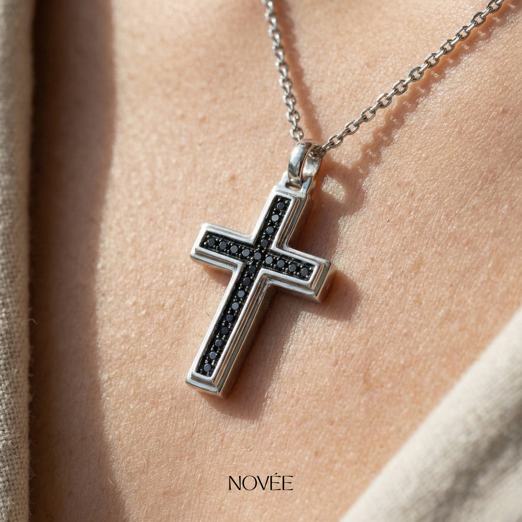 Black Diamond Cross Pendant Necklace in White Gold Minimal Unisex Faith Necklace