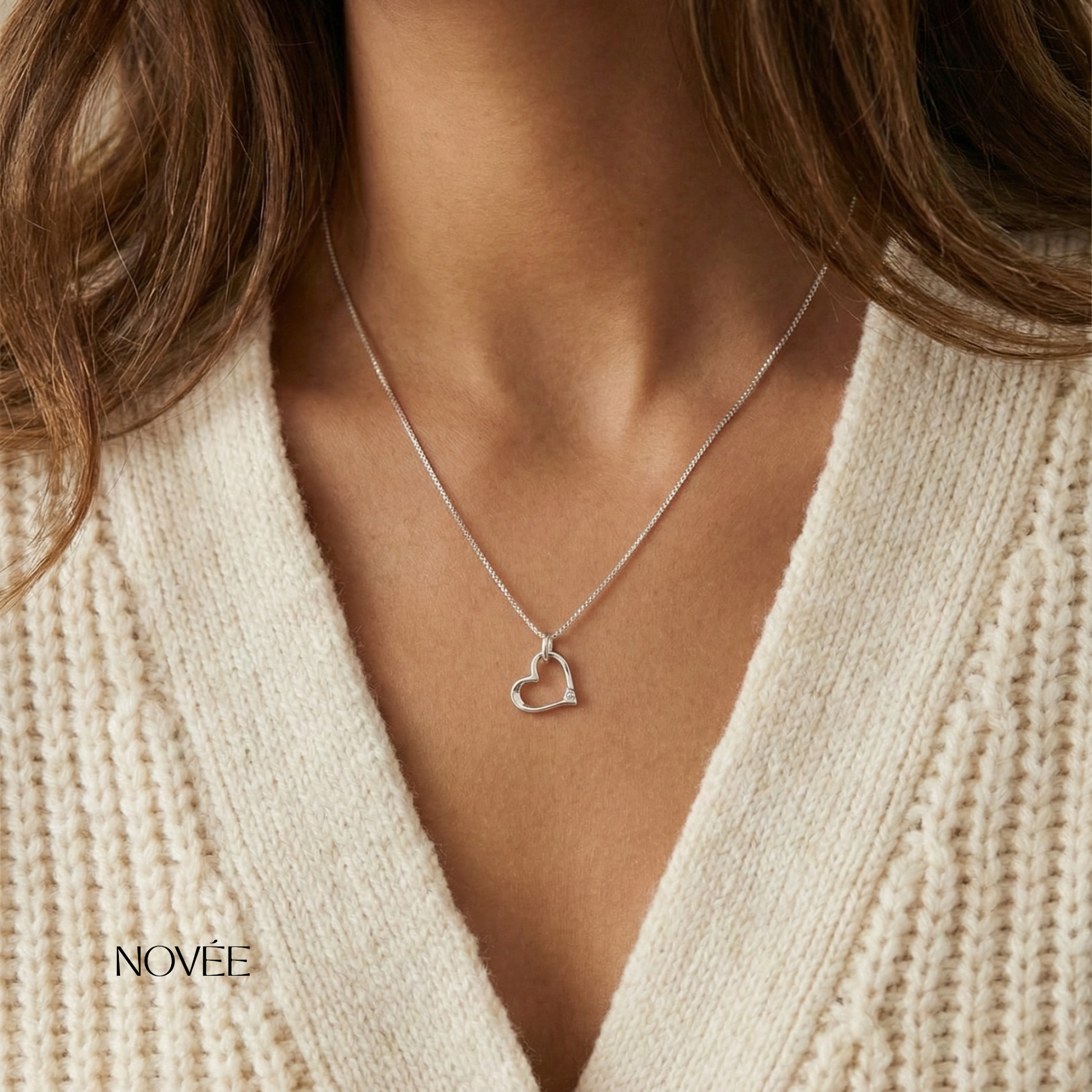 Open Heart Diamond Pendant Necklace in White Gold Minimal Dainty Love Necklace