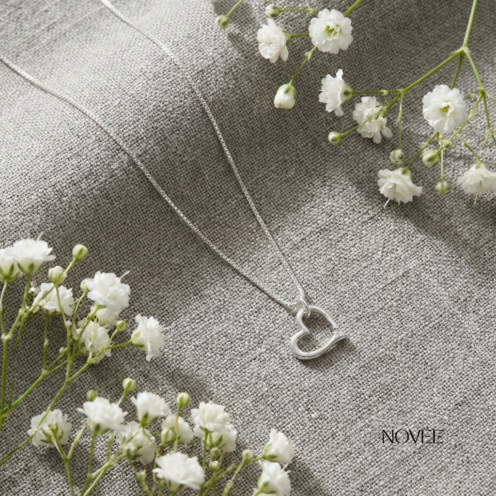 Open Heart Diamond Pendant Necklace in White Gold Minimal Dainty Love Necklace