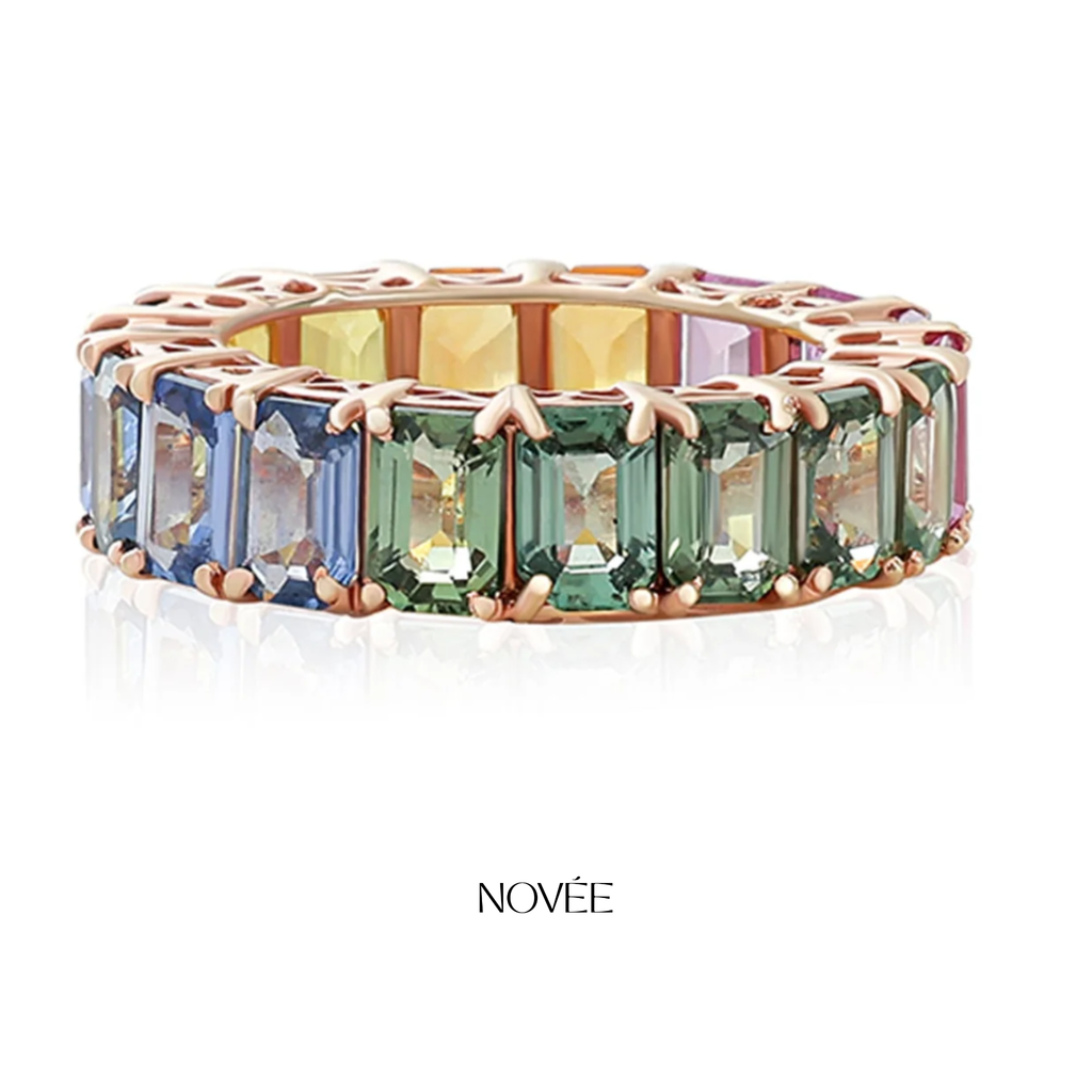 Rainbow Gemstone Eternity Band Ring Colorful Luxury Anniversary Jewelry
