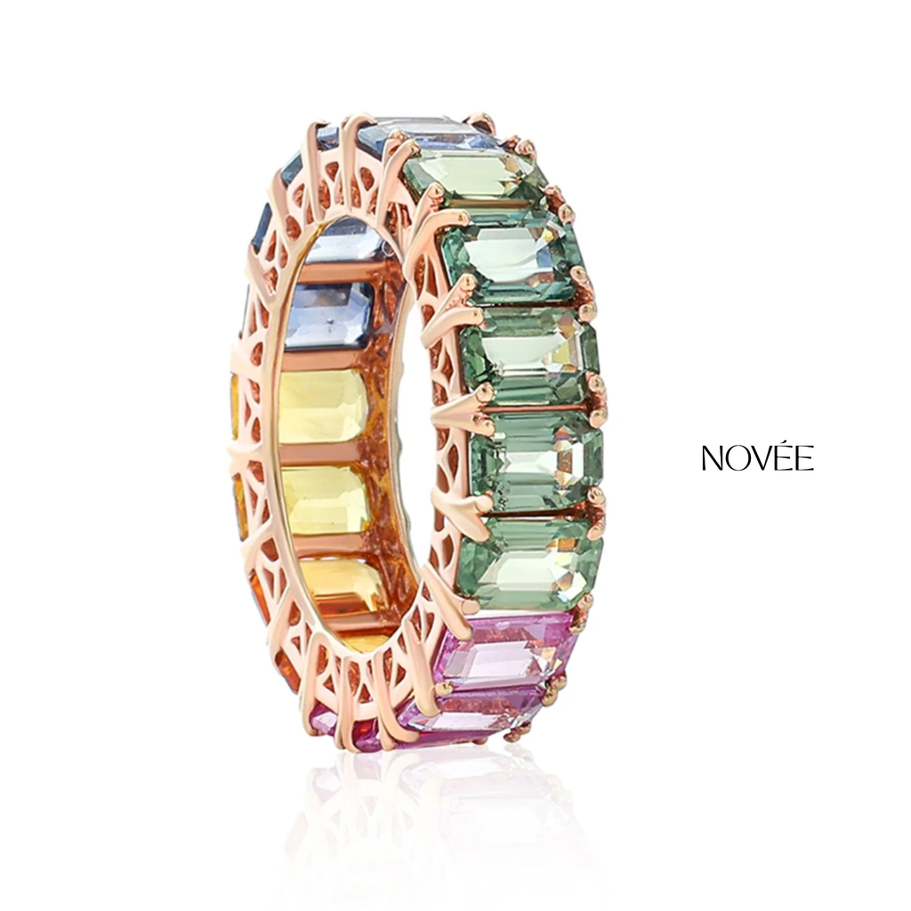 Rainbow Gemstone Eternity Band Ring Colorful Luxury Anniversary Jewelry