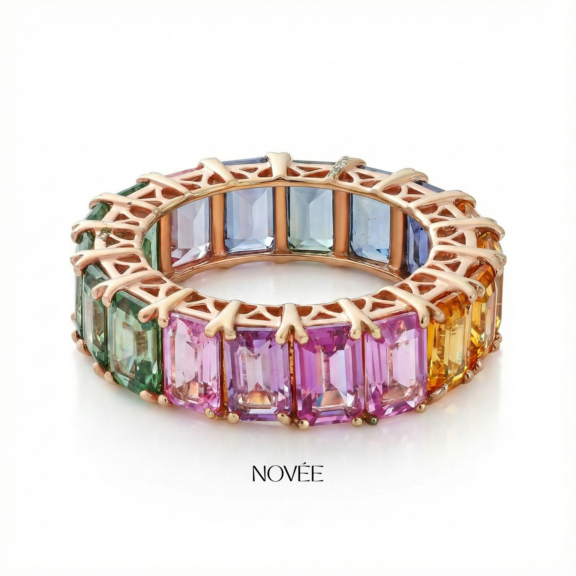 Rainbow Gemstone Eternity Band Ring Colorful Luxury Anniversary Jewelry