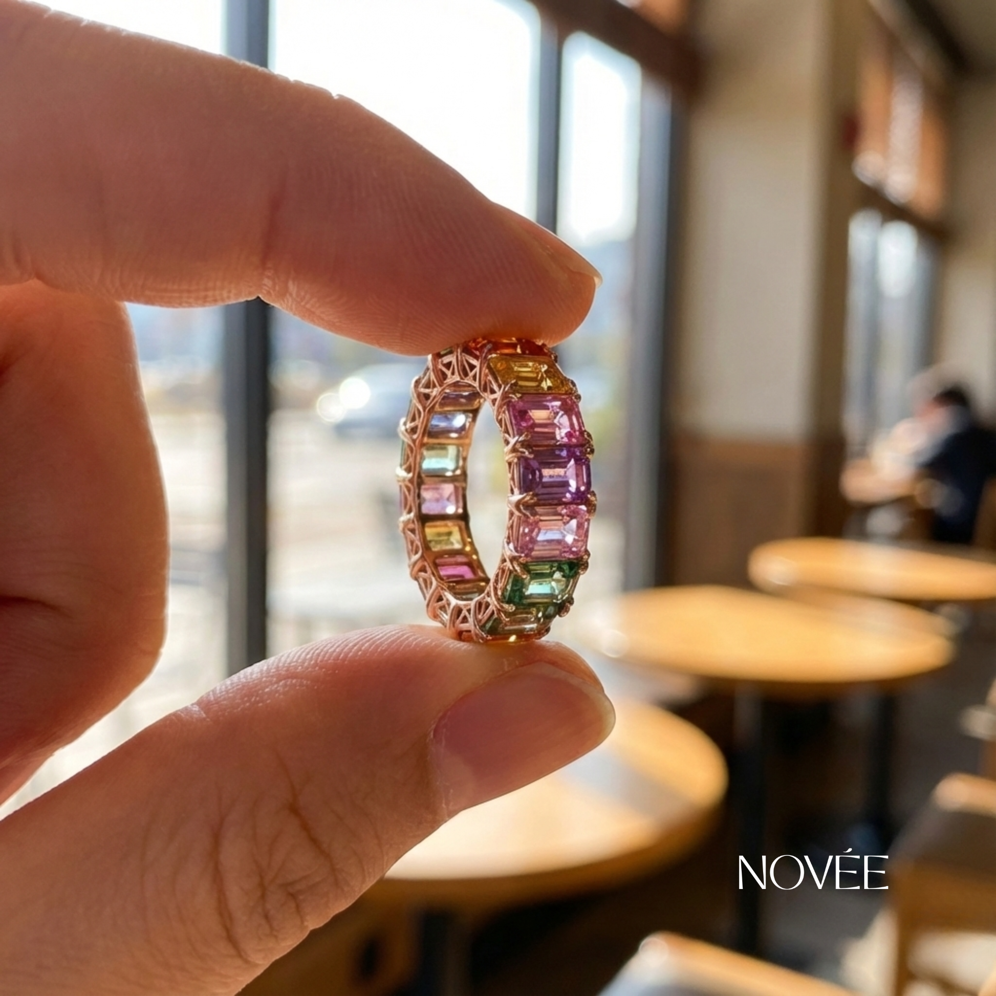 Rainbow Gemstone Eternity Band Ring Colorful Luxury Anniversary Jewelry
