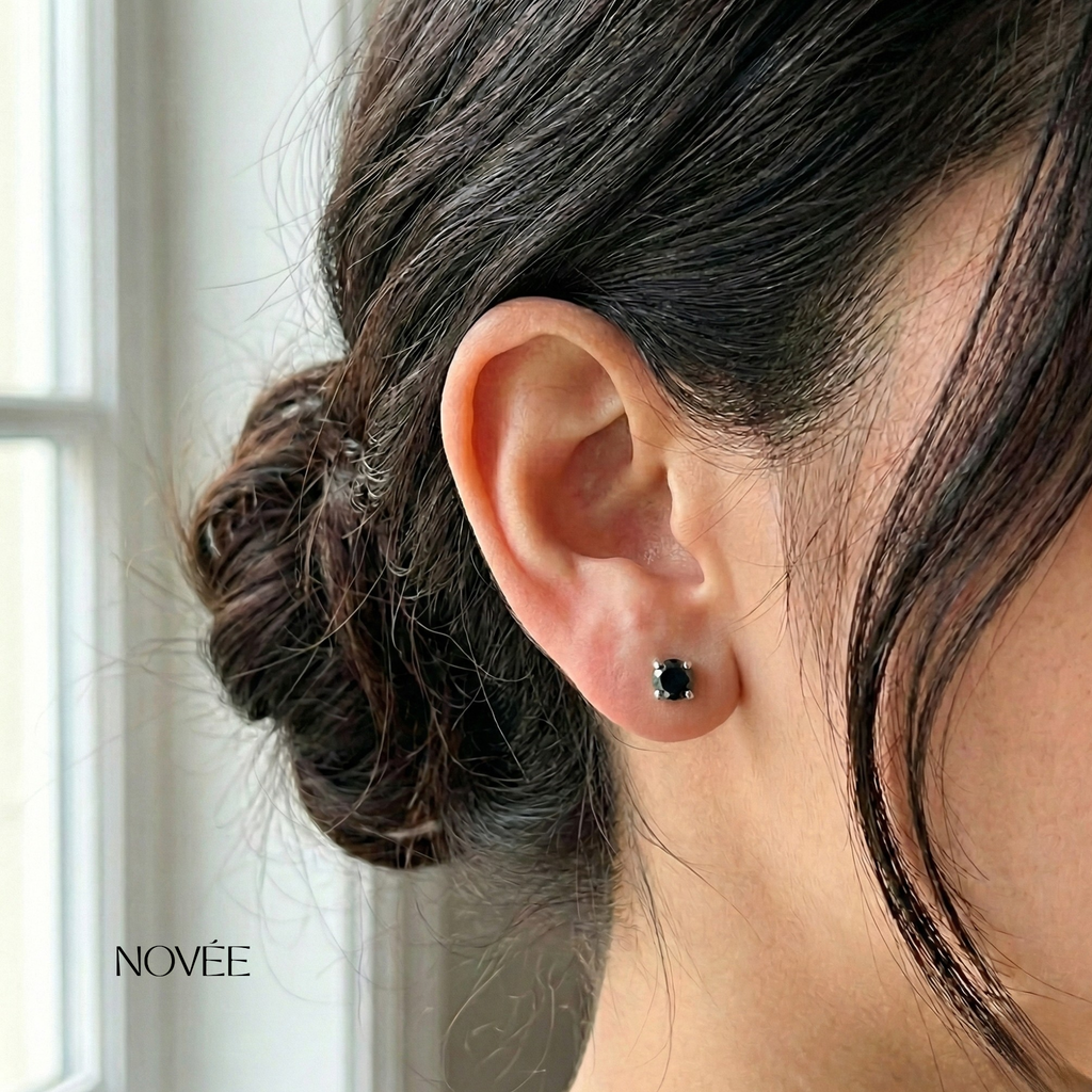 Black Gemstone Stud Earrings Minimal Round Classic Everyday Jewelry