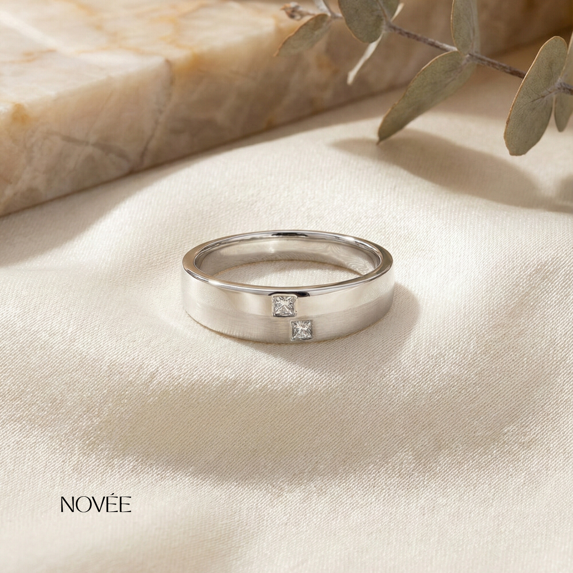 Minimal Gold Band Ring With Double Diamond Accent Design