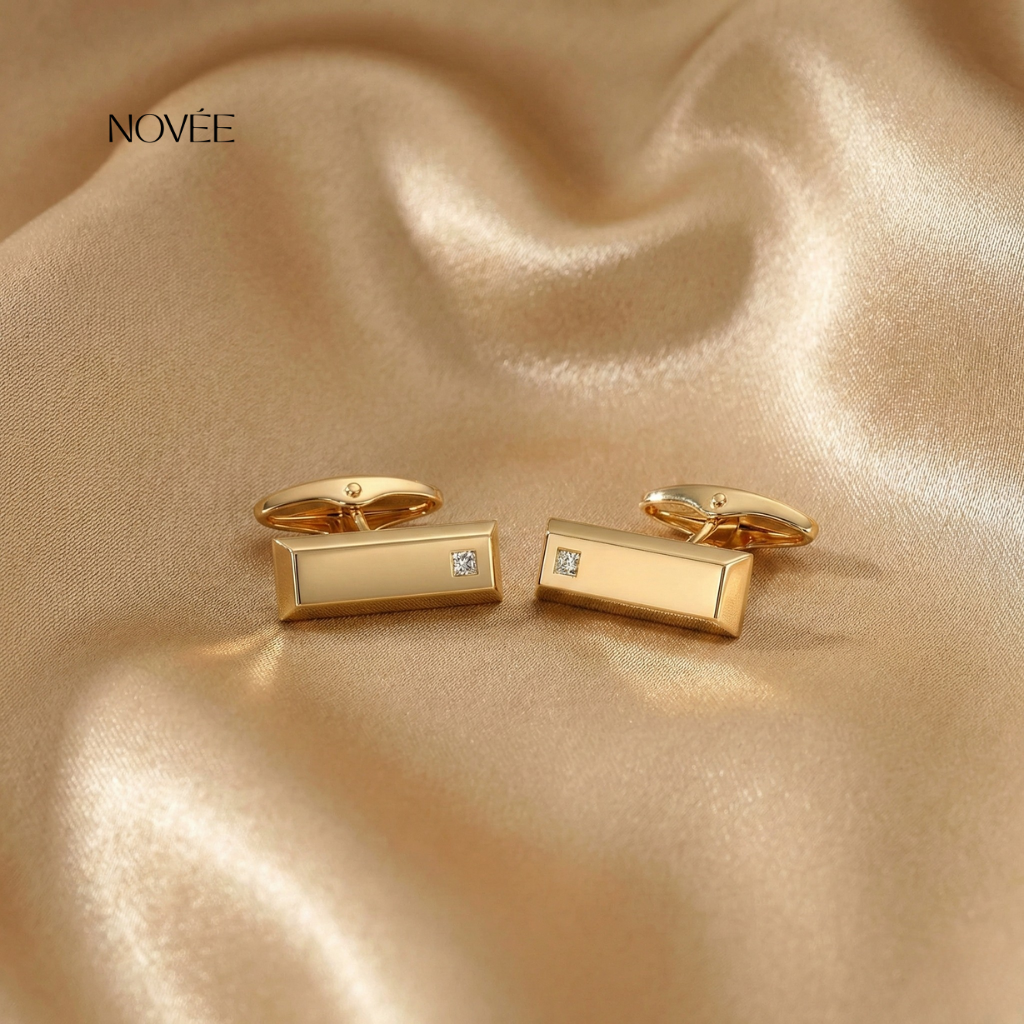 Minimal Gold Rectangle Cufflinks With Diamond Accent Elegant Gift
