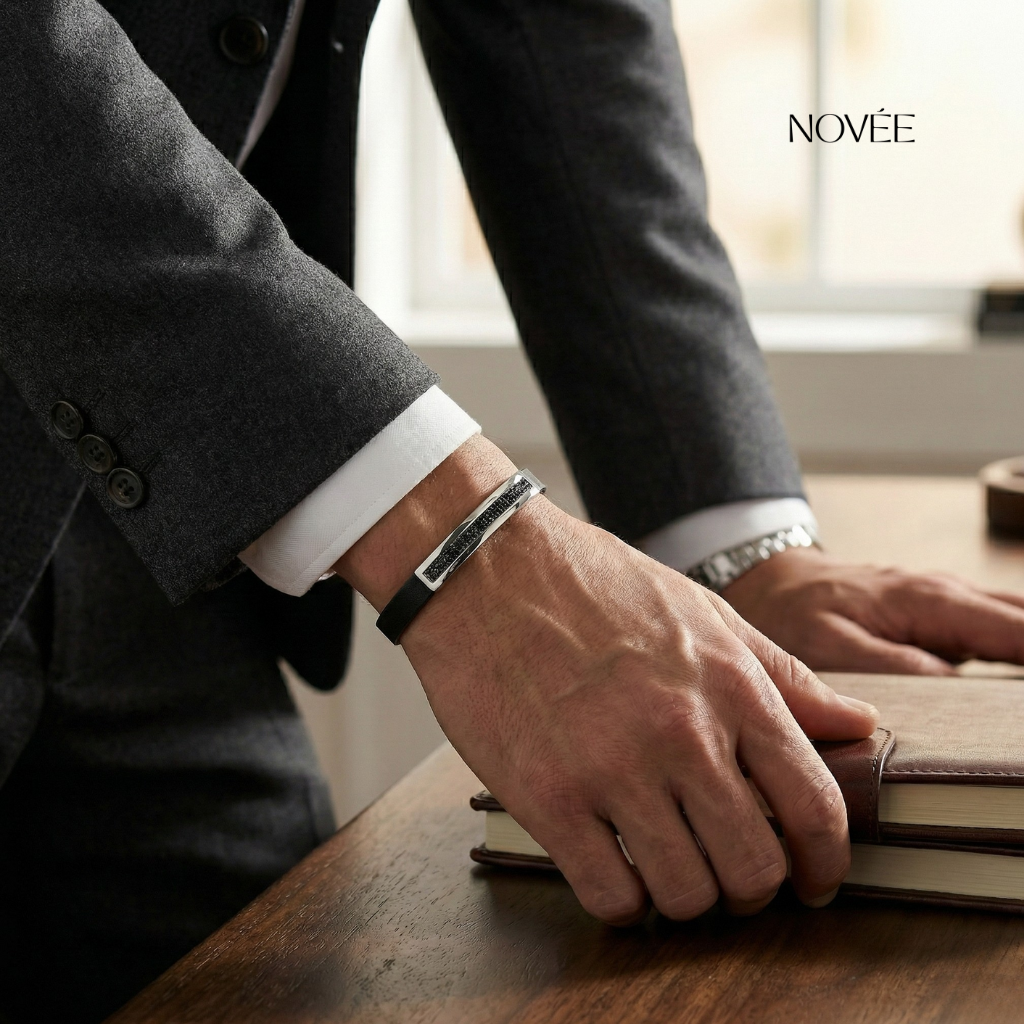 Black Leather Bracelet With Diamond Bar Accent In Gold