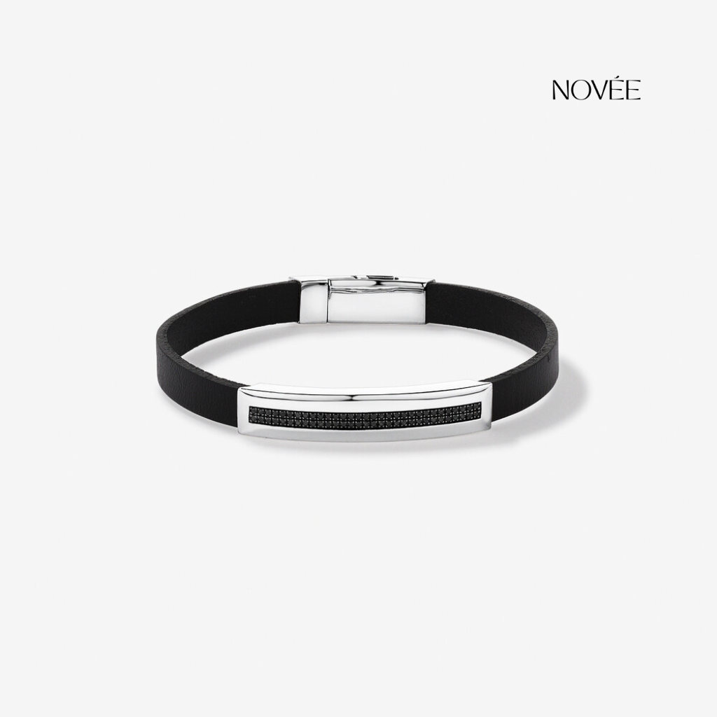 Black Leather Bracelet With Diamond Bar Accent In Gold