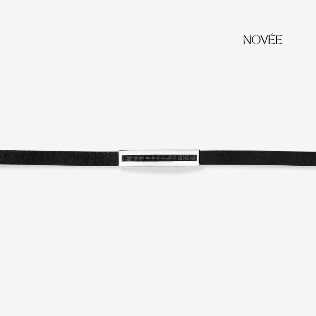 Black Leather Bracelet With Diamond Bar Accent In Gold