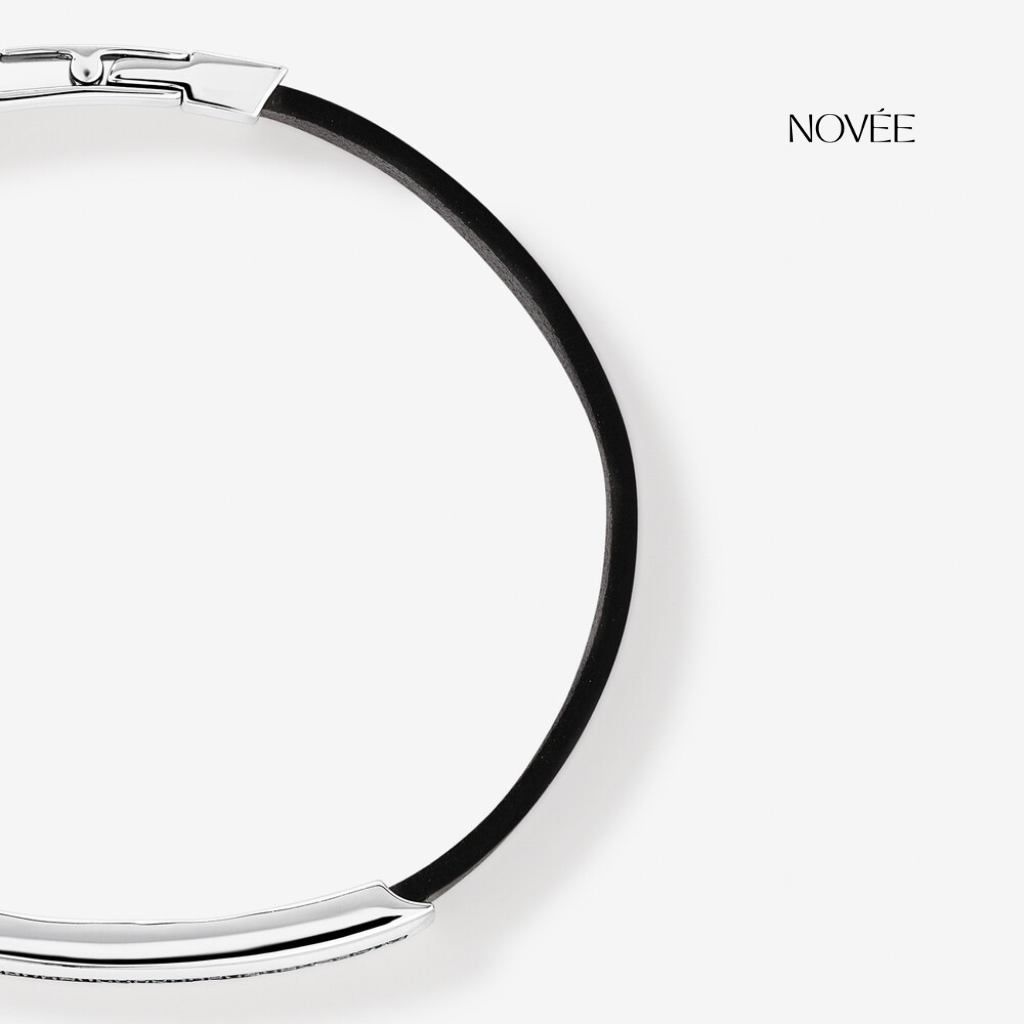 Black Leather Bracelet With Diamond Bar Accent In Gold