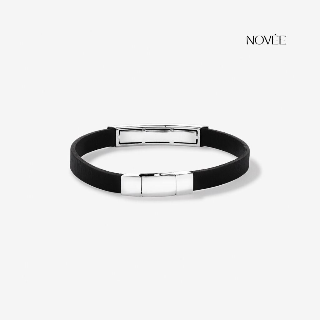 Black Leather Bracelet With Diamond Bar Accent In Gold