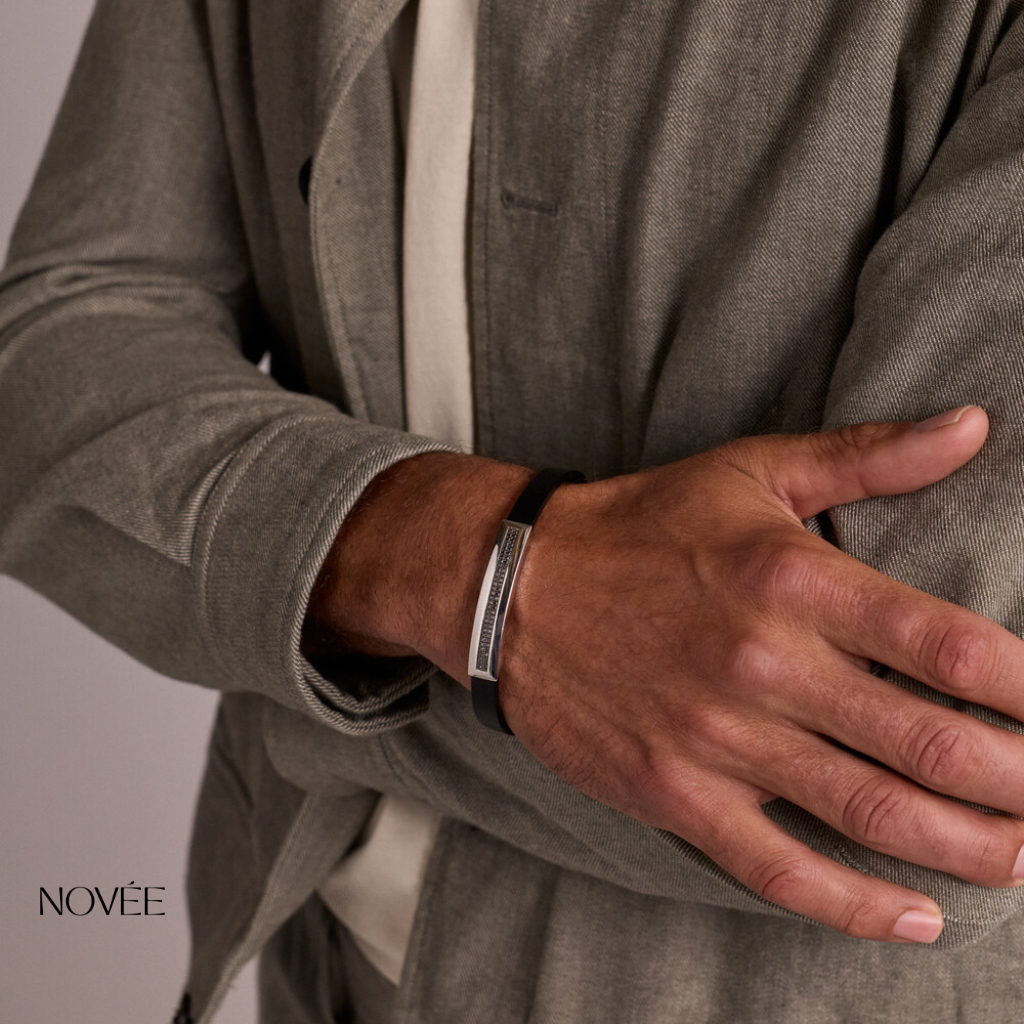 Black Leather Bracelet With Diamond Bar Accent In Gold