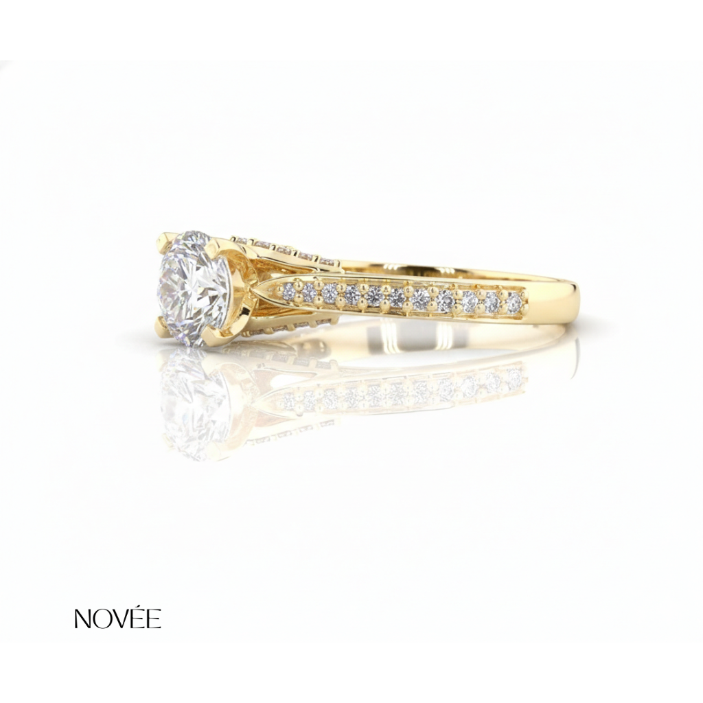 Round Solitaire Diamond Ring With Pavé Band In Gold