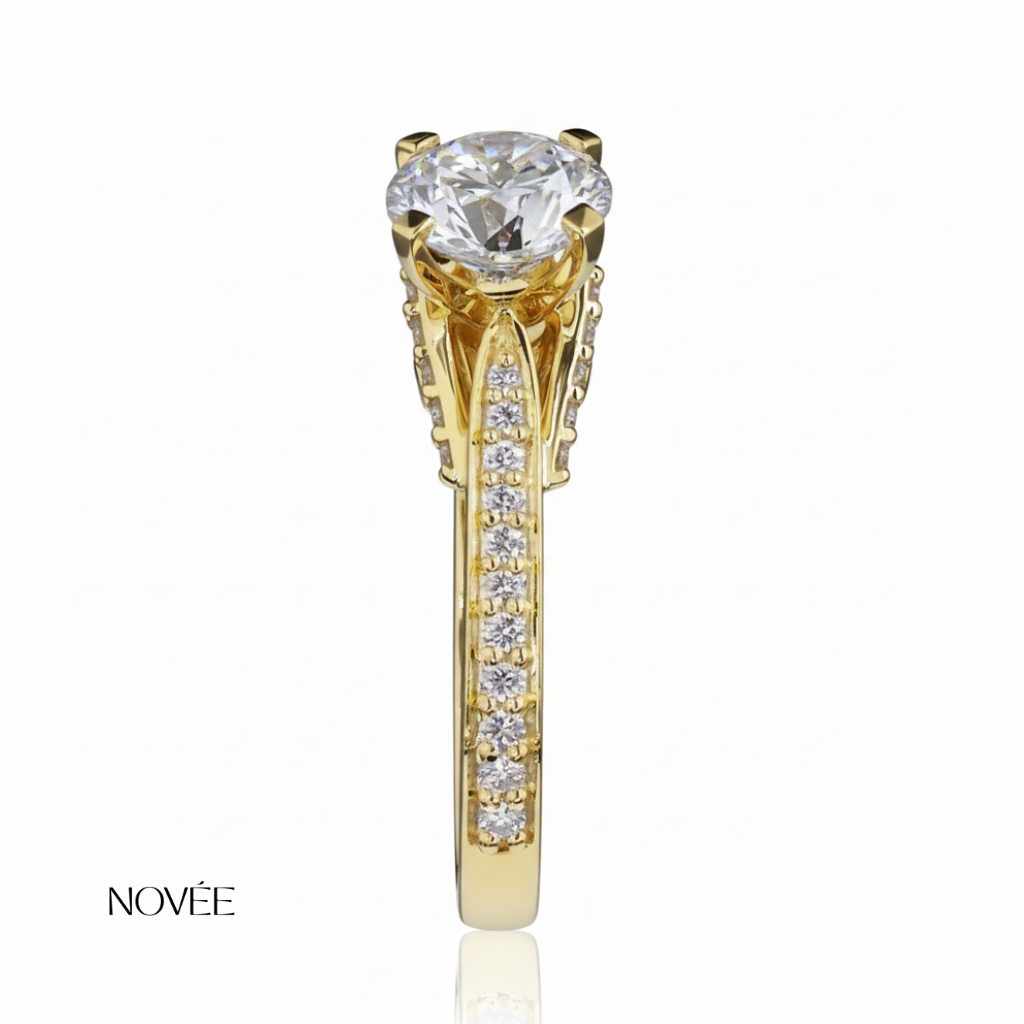 Round Solitaire Diamond Ring With Pavé Band In Gold