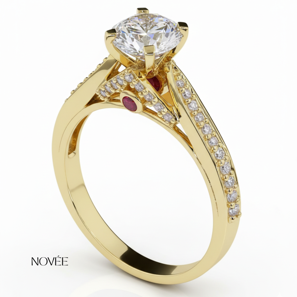 Round Solitaire Diamond Ring With Pavé Band In Gold