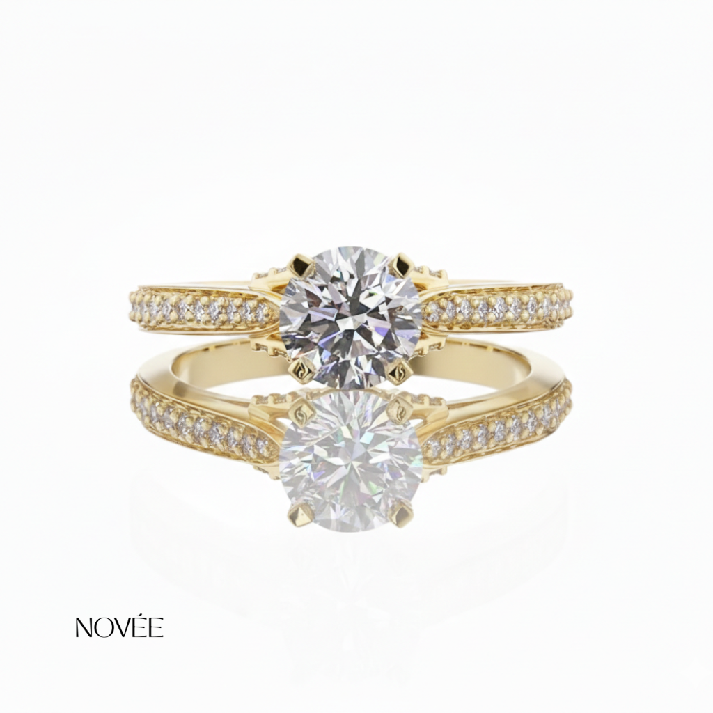 Round Solitaire Diamond Ring With Pavé Band In Gold