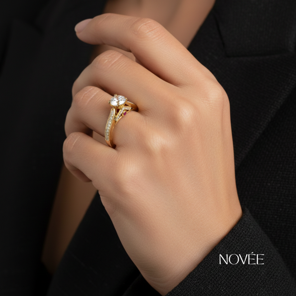 Round Solitaire Diamond Ring With Pavé Band In Gold