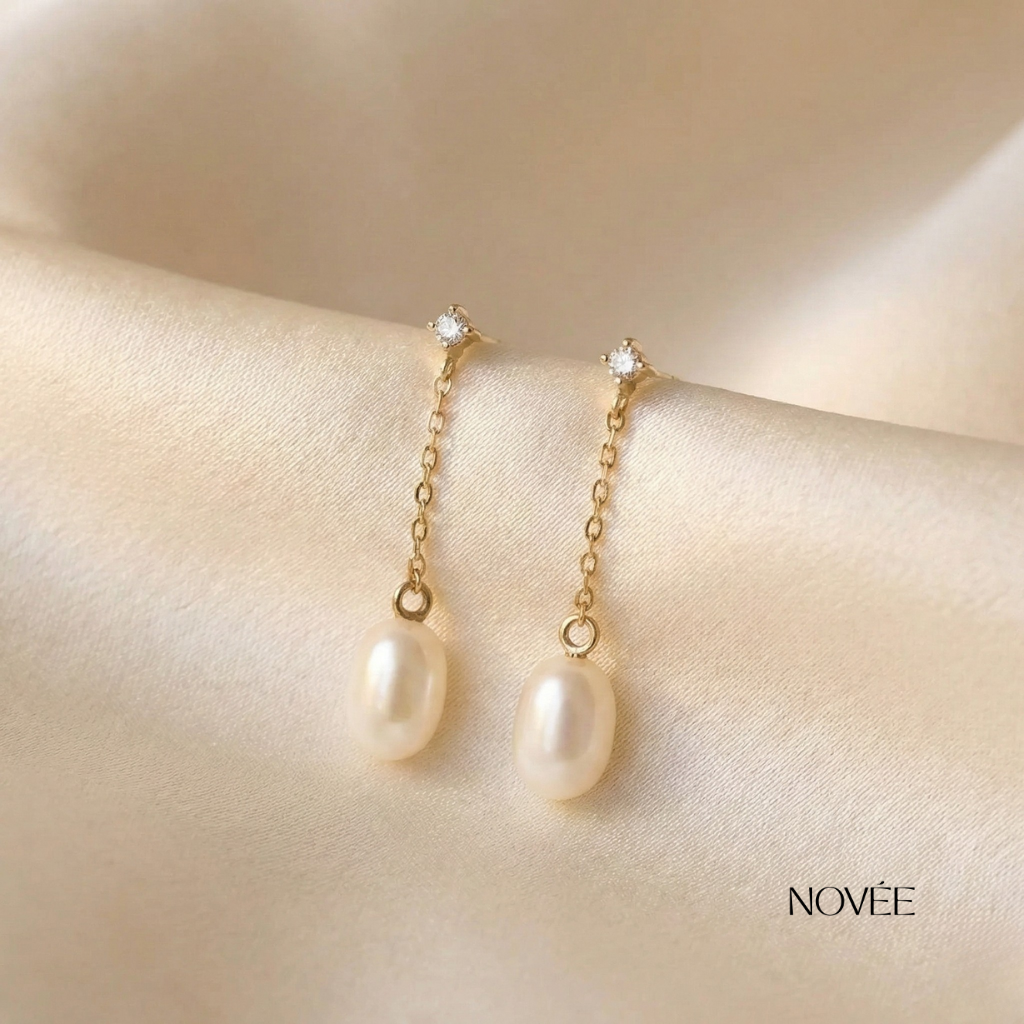 Pearl Drop Chain Earrings Minimal Diamond Accent Dangle Gold Jewelry