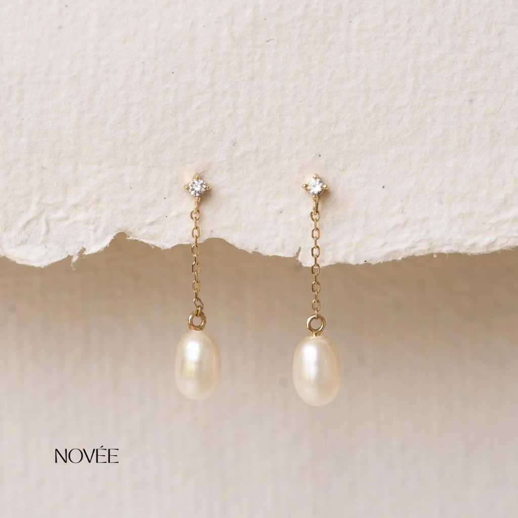Pearl Drop Chain Earrings Minimal Diamond Accent Dangle Gold Jewelry