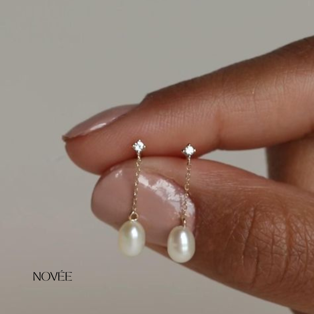 Pearl Drop Chain Earrings Minimal Diamond Accent Dangle Gold Jewelry