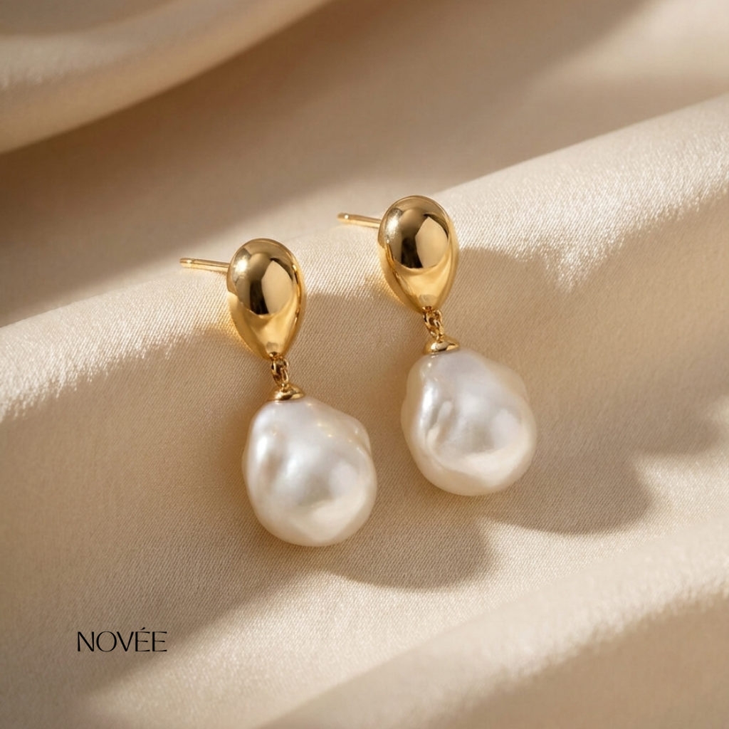 Baroque Pearl Drop Earrings in Gold Minimalist Luxury Statement Pearl Earrings
