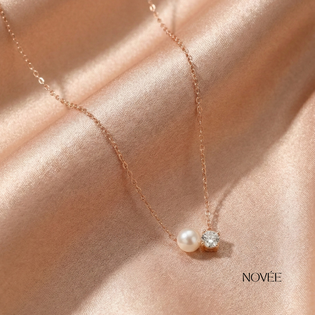 Pearl & Diamond Pendant Necklace in Yellow Gold Minimalist Two-Stone Drop Necklace