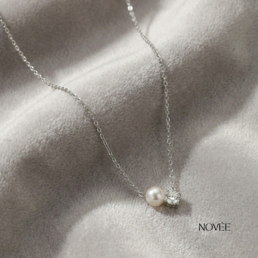 Pearl & Diamond Pendant Necklace in Yellow Gold Minimalist Two-Stone Drop Necklace