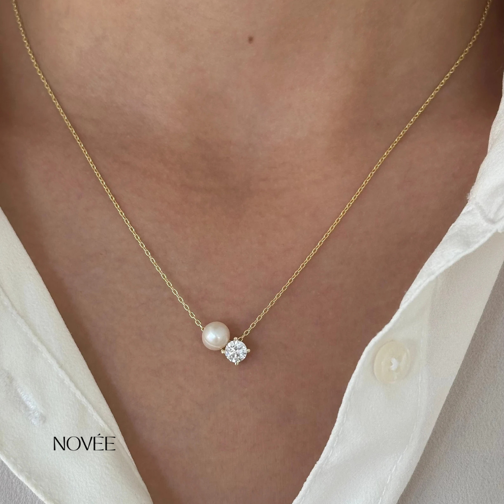 Pearl & Diamond Pendant Necklace in Yellow Gold Minimalist Two-Stone Drop Necklace