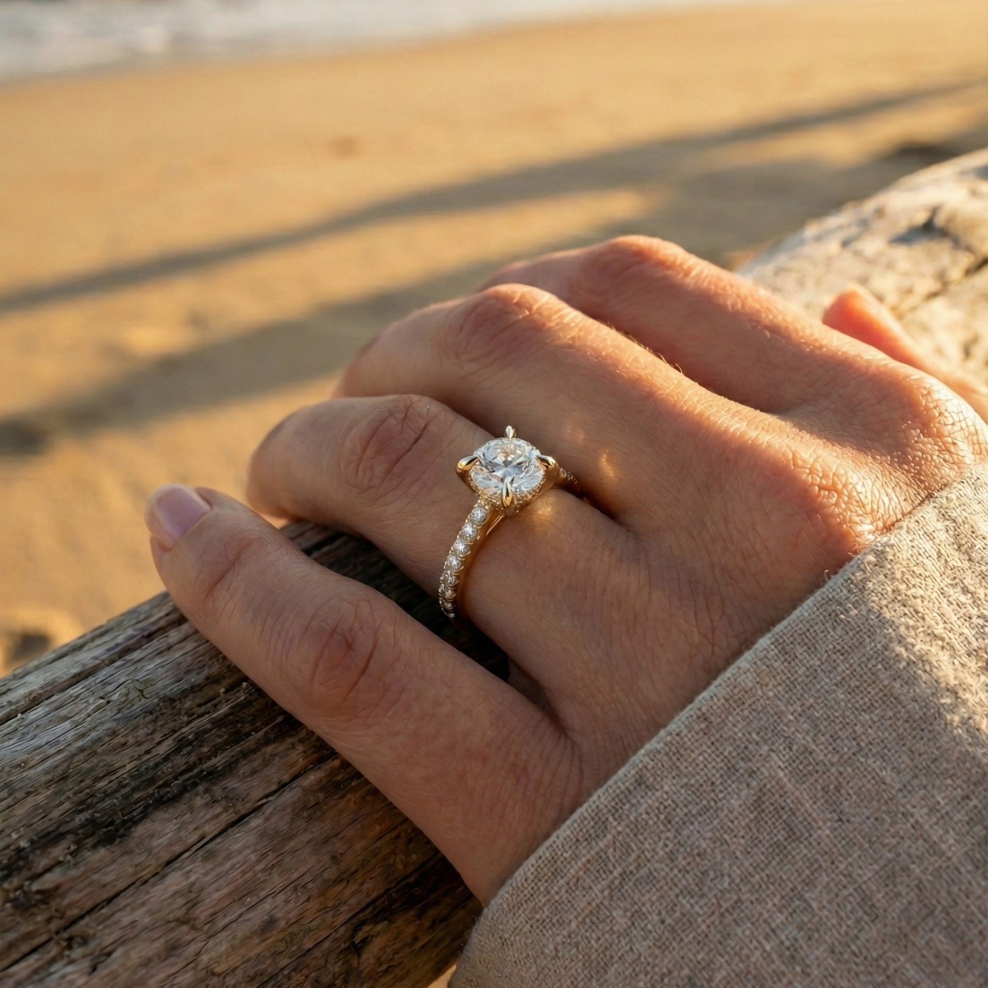 Diamond Solitaire Engagement Ring in Yellow Gold Pavé Band with Round Brilliant Center Stone