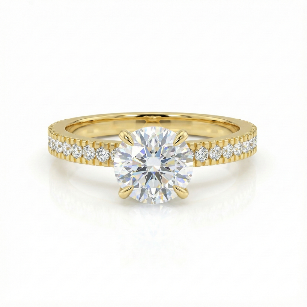 Diamond Solitaire Engagement Ring in Yellow Gold Pavé Band with Round Brilliant Center Stone