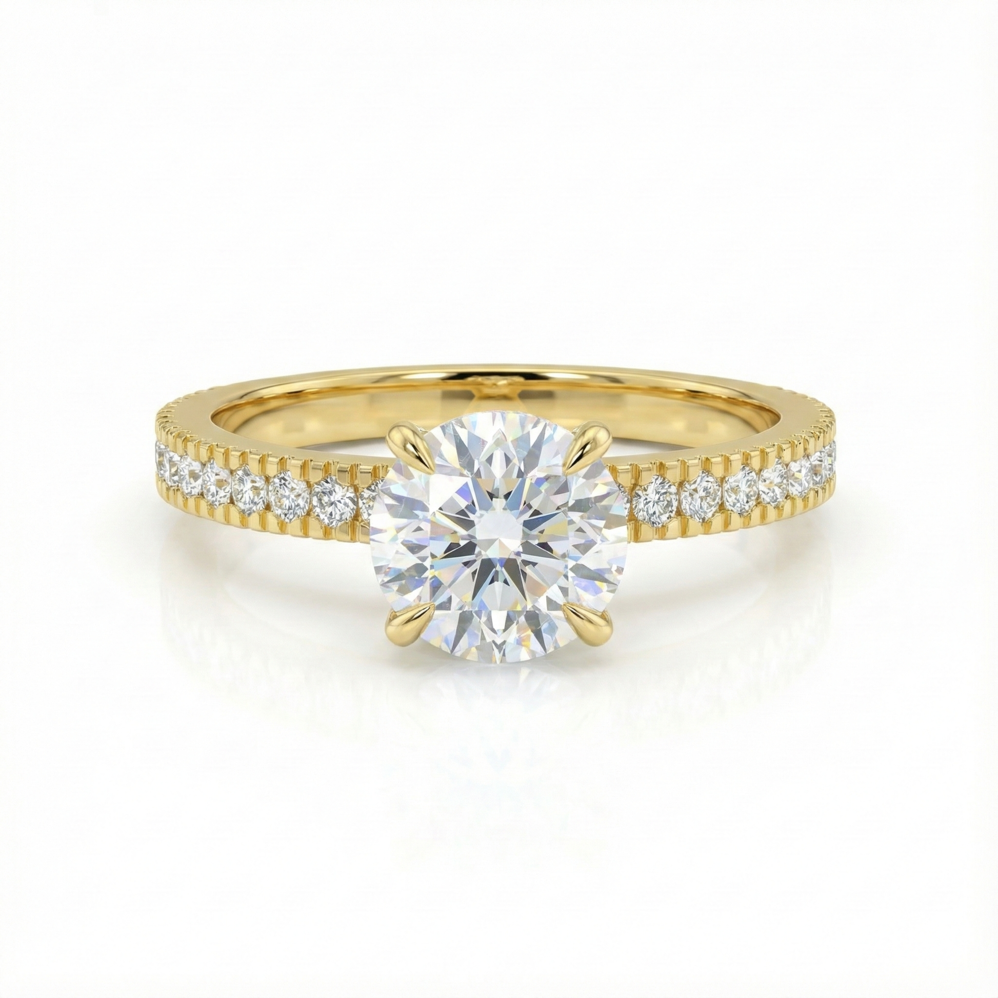 Diamond Solitaire Engagement Ring in Yellow Gold Pavé Band with Round Brilliant Center Stone