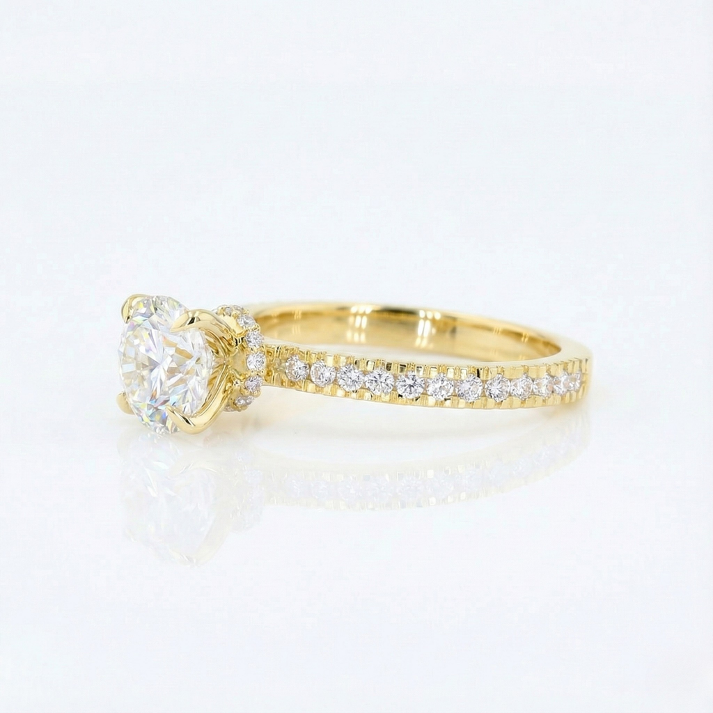 Diamond Solitaire Engagement Ring in Yellow Gold Pavé Band with Round Brilliant Center Stone