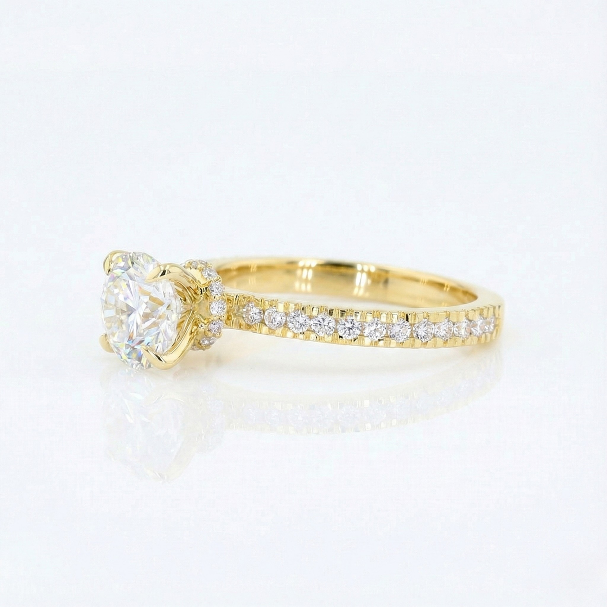 Diamond Solitaire Engagement Ring in Yellow Gold Pavé Band with Round Brilliant Center Stone