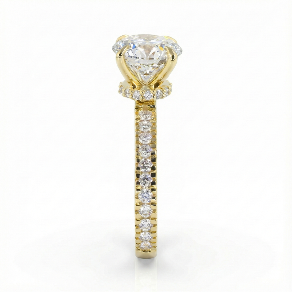 Diamond Solitaire Engagement Ring in Yellow Gold Pavé Band with Round Brilliant Center Stone