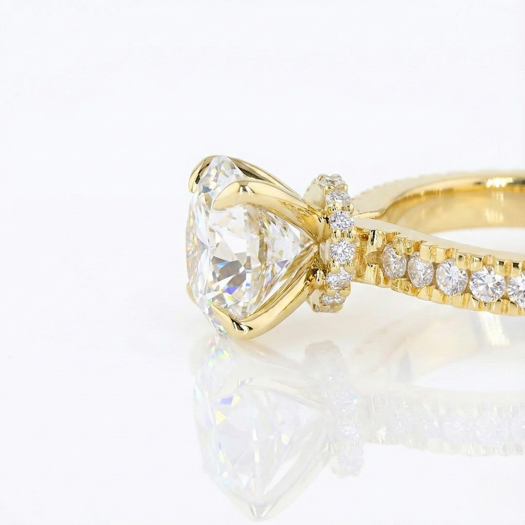 Diamond Solitaire Engagement Ring in Yellow Gold Pavé Band with Round Brilliant Center Stone